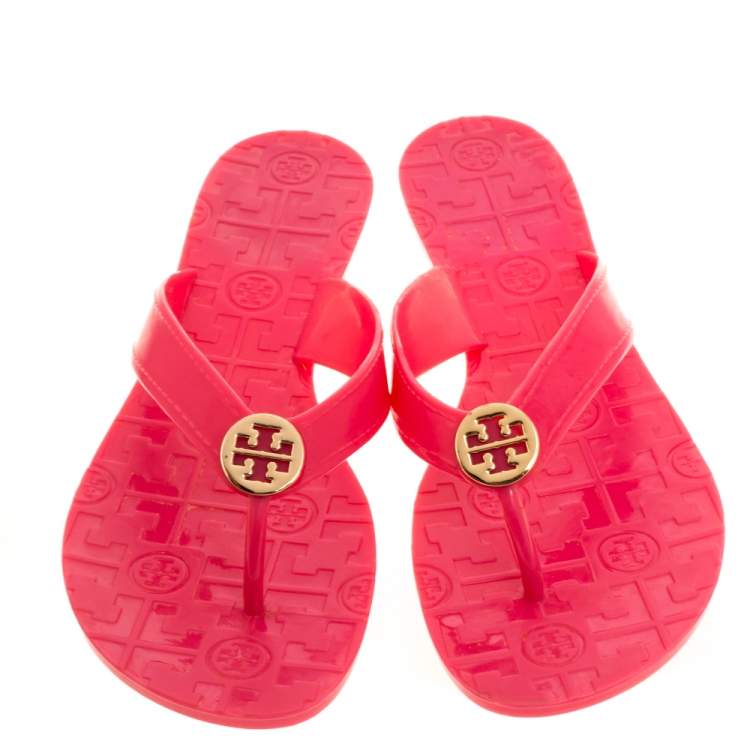 Pre Owned Tory Burch Parriot Pink Rubber Jelly Thora Thong Flats Size 39