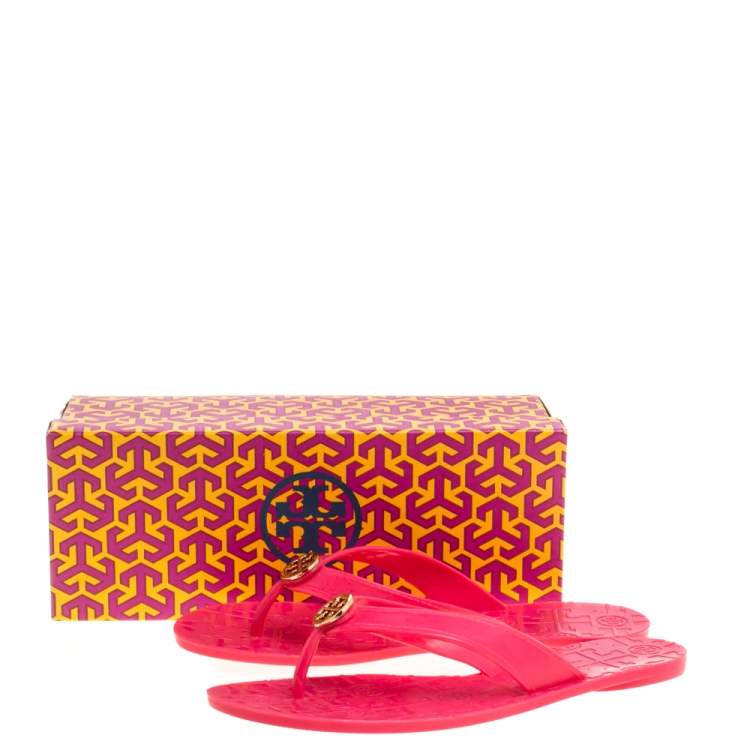 Pre Owned Tory Burch Parriot Pink Rubber Jelly Thora Thong Flats Size 39