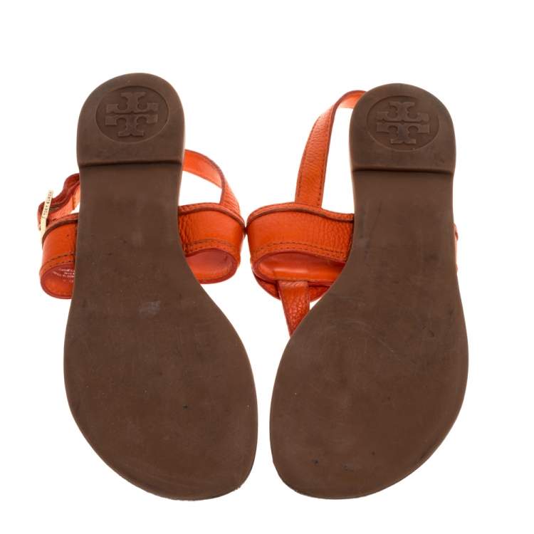 Pre Owned Tory Burch Orange Leather Bryce Slingback Thong Flat Sandals Size 39.5