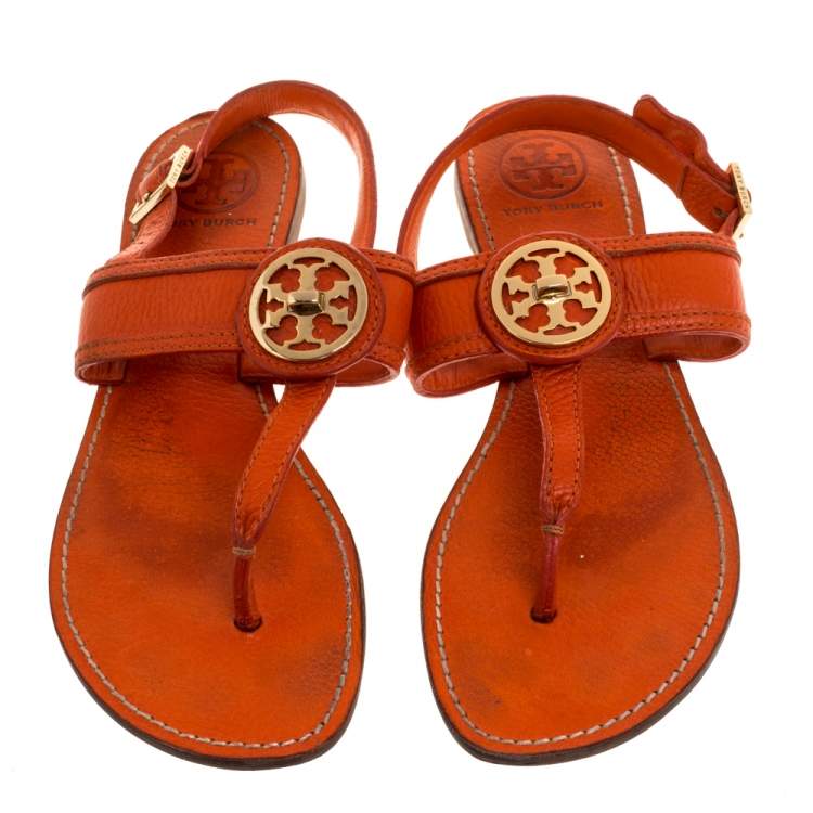 Pre Owned Tory Burch Orange Leather Bryce Slingback Thong Flat Sandals Size 39.5