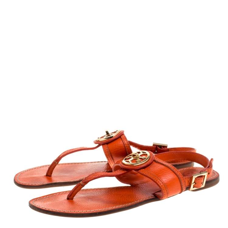 Pre Owned Tory Burch Orange Leather Bryce Slingback Thong Flat Sandals Size 39.5