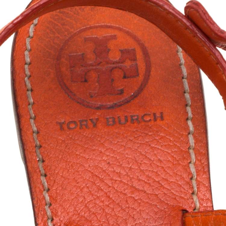 Pre Owned Tory Burch Orange Leather Bryce Slingback Thong Flat Sandals Size 39.5