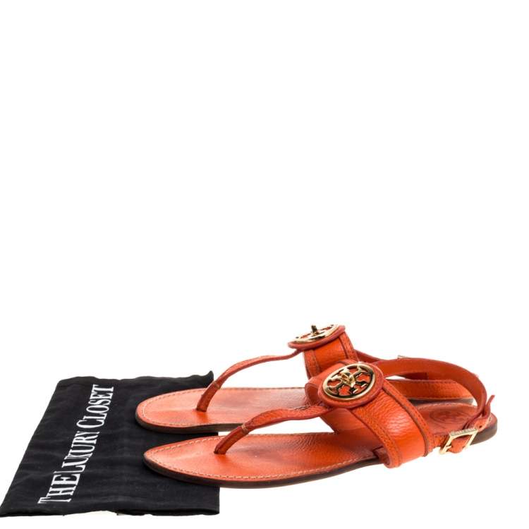 Pre Owned Tory Burch Orange Leather Bryce Slingback Thong Flat Sandals Size 39.5