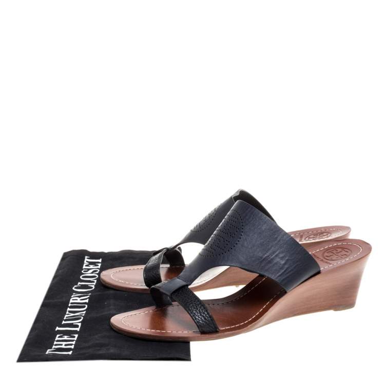 Pre Owned Tory Burch Navy Blue Perforated Logo Leatther Wedge Sandals Size 37