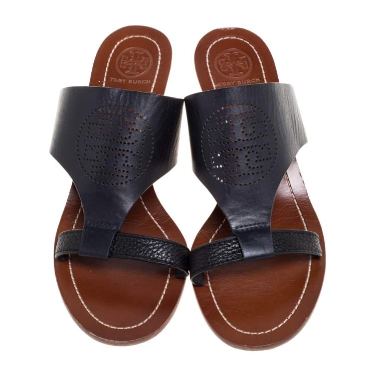 Pre Owned Tory Burch Navy Blue Perforated Logo Leatther Wedge Sandals Size 37