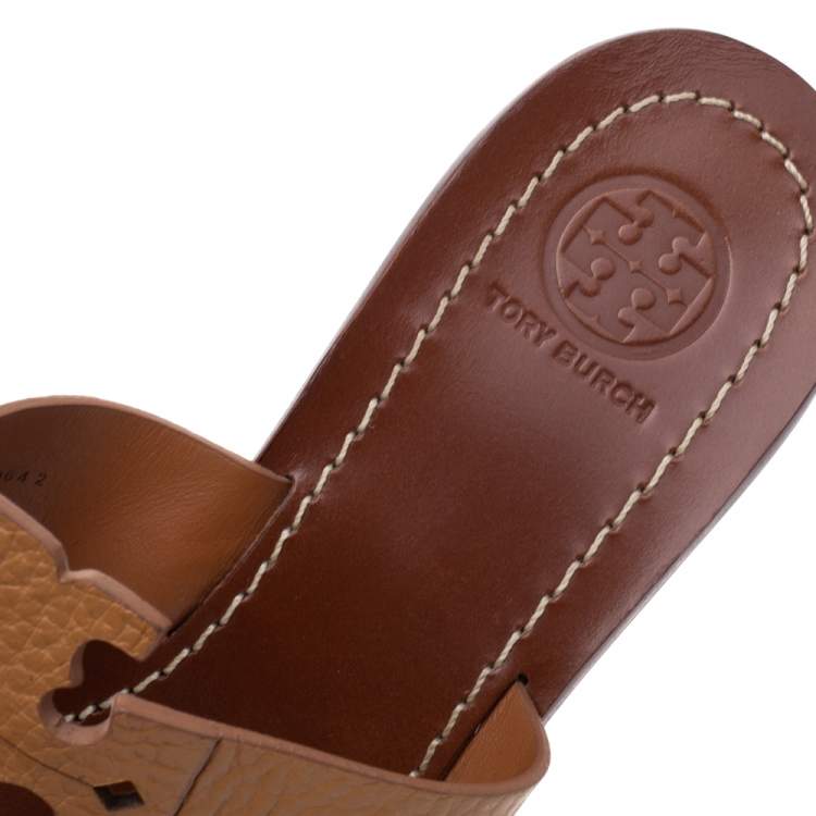 Pre Owned Tory Burch Brown Textured Leather Moore Thong Slide Sandals Size 37