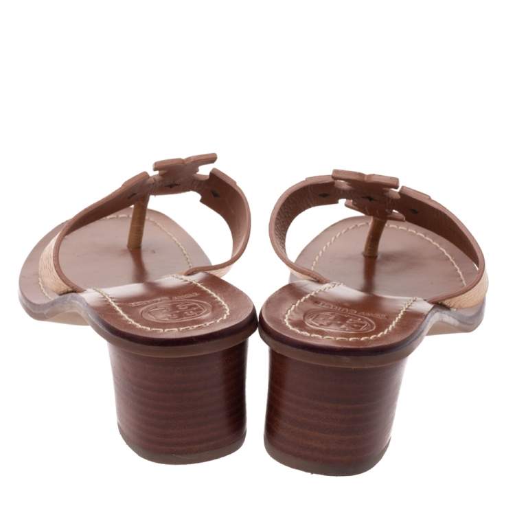 Pre Owned Tory Burch Brown Textured Leather Moore Thong Slide Sandals Size 37