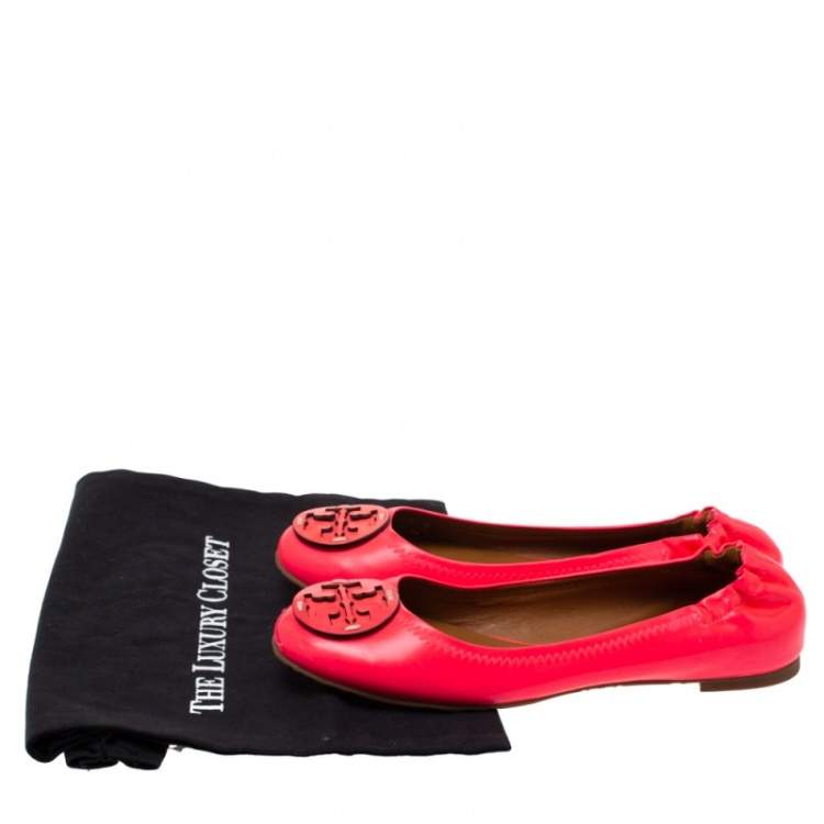 Pre Owned Tory Burch Neon Pink Patent Leather Minnie Scrunch Ballet Flats Size 38