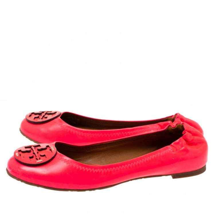 Pre Owned Tory Burch Neon Pink Patent Leather Minnie Scrunch Ballet Flats Size 38