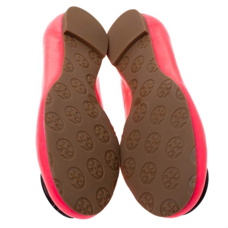Pre Owned Tory Burch Neon Pink Patent Leather Minnie Scrunch Ballet Flats Size 38