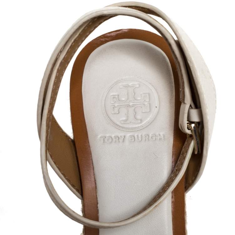 Pre Owned Tory Burch White Laser Cut Out Leather Espadrille Platform Ankle Strap Sandals Size 36