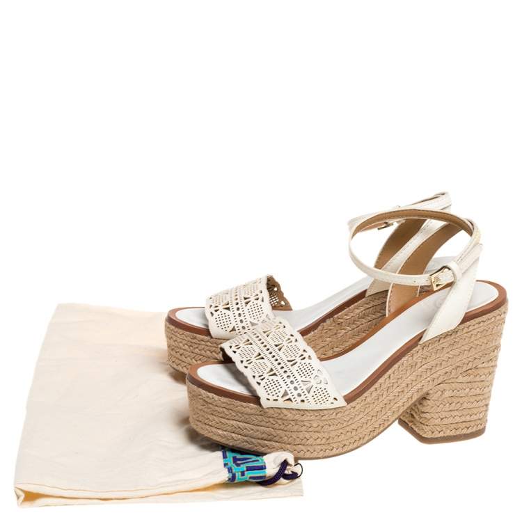 Pre Owned Tory Burch White Laser Cut Out Leather Espadrille Platform Ankle Strap Sandals Size 36