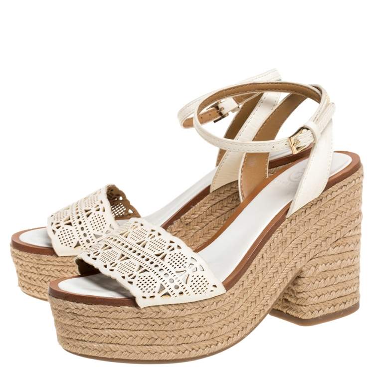 Pre Owned Tory Burch White Laser Cut Out Leather Espadrille Platform Ankle Strap Sandals Size 36