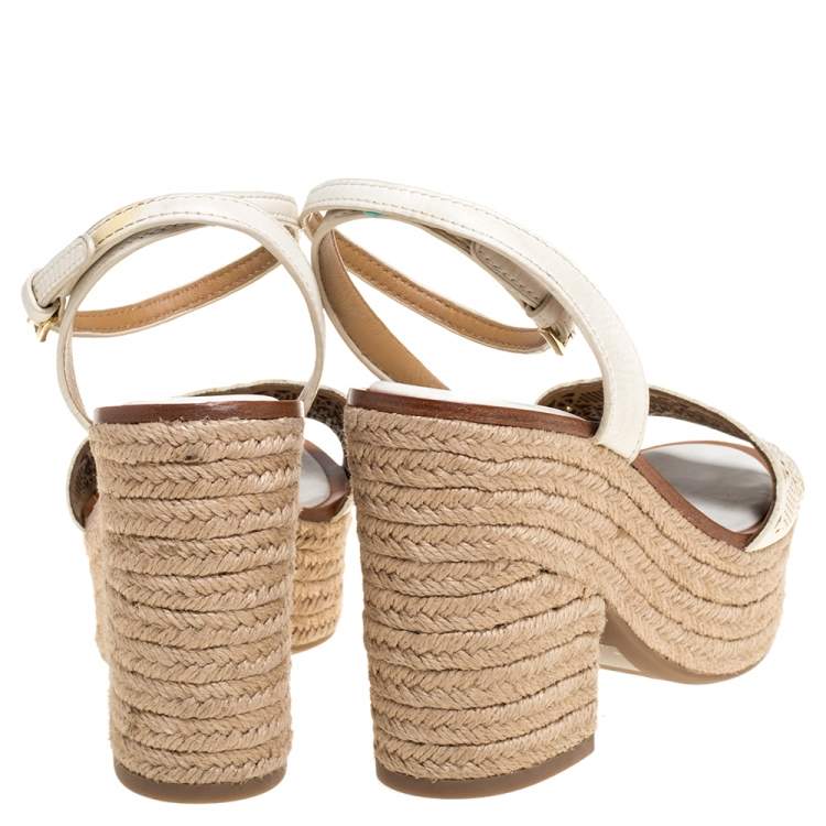 Pre Owned Tory Burch White Laser Cut Out Leather Espadrille Platform Ankle Strap Sandals Size 36