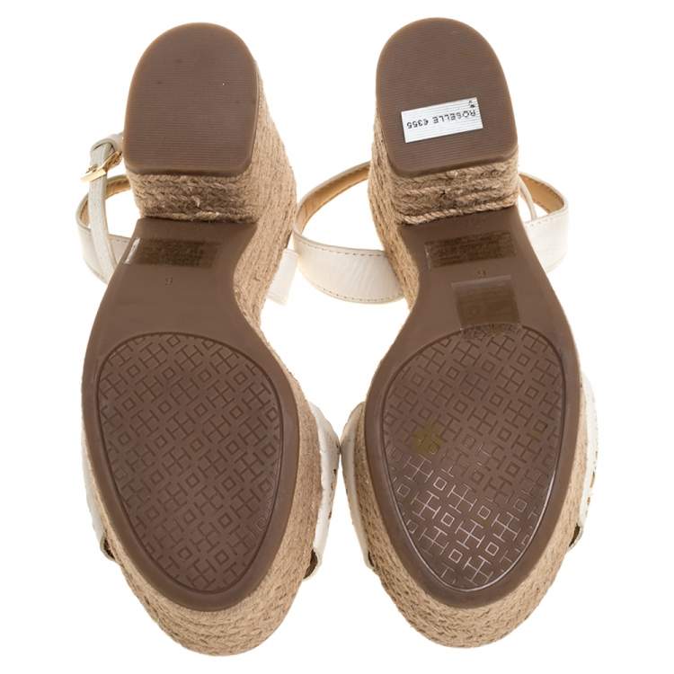 Pre Owned Tory Burch White Laser Cut Out Leather Espadrille Platform Ankle Strap Sandals Size 36