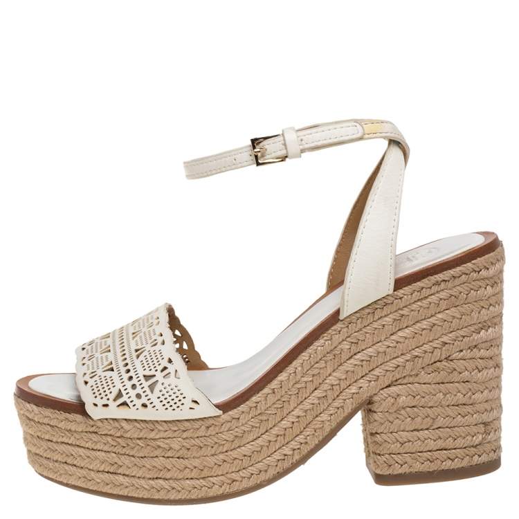 Pre Owned Tory Burch White Laser Cut Out Leather Espadrille Platform Ankle Strap Sandals Size 36