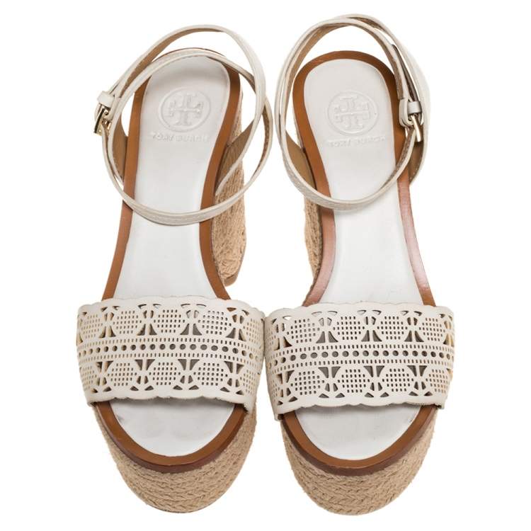 Pre Owned Tory Burch White Laser Cut Out Leather Espadrille Platform Ankle Strap Sandals Size 36