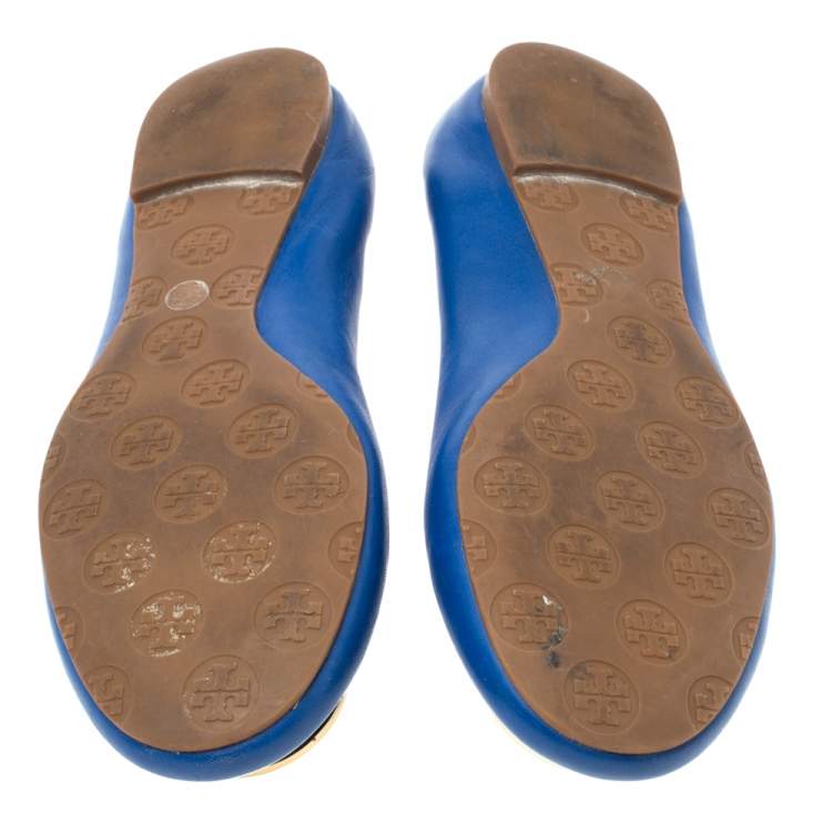Pre Owned Tory Burch Blue Leather Minnie Scrunch Ballet Flats Size 40