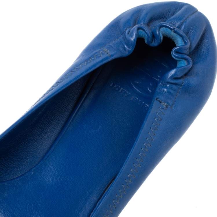 Pre Owned Tory Burch Blue Leather Minnie Scrunch Ballet Flats Size 40