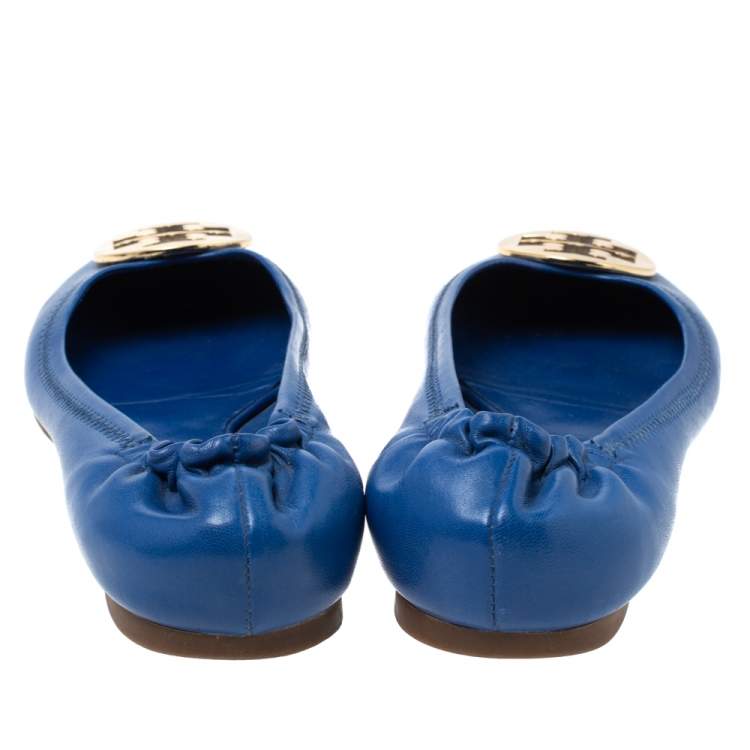 Pre Owned Tory Burch Blue Leather Minnie Scrunch Ballet Flats Size 40
