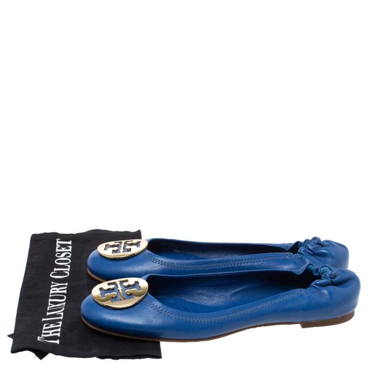 Pre Owned Tory Burch Blue Leather Minnie Scrunch Ballet Flats Size 40