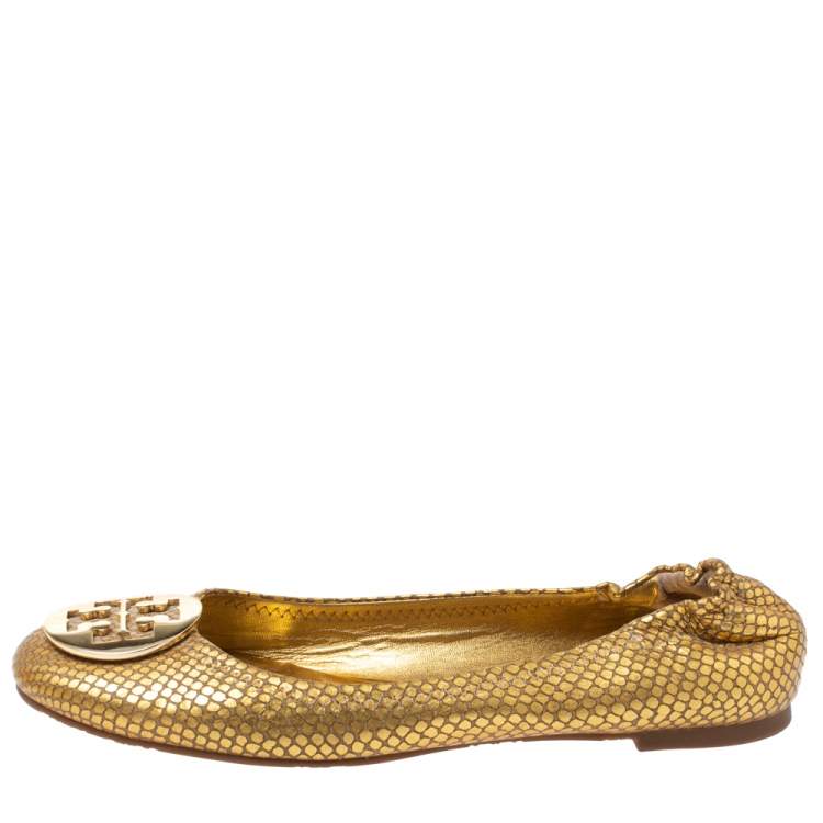 Pre Owned Tory Burch Metallic Gold Snakeskin Effect Leather Minnie Scrunch Ballet Flats Size 40