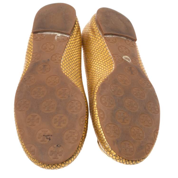 Pre Owned Tory Burch Metallic Gold Snakeskin Effect Leather Minnie Scrunch Ballet Flats Size 40