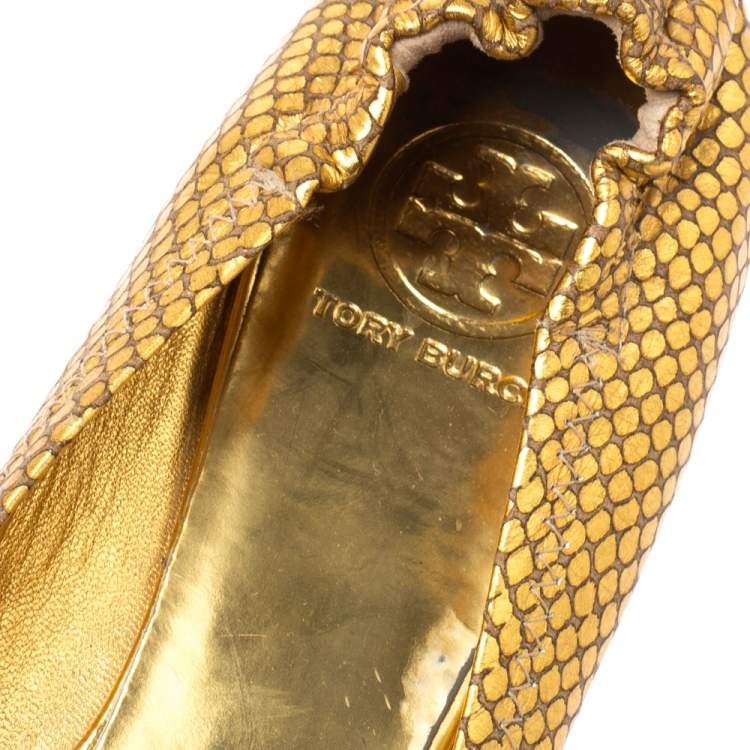 Pre Owned Tory Burch Metallic Gold Snakeskin Effect Leather Minnie Scrunch Ballet Flats Size 40
