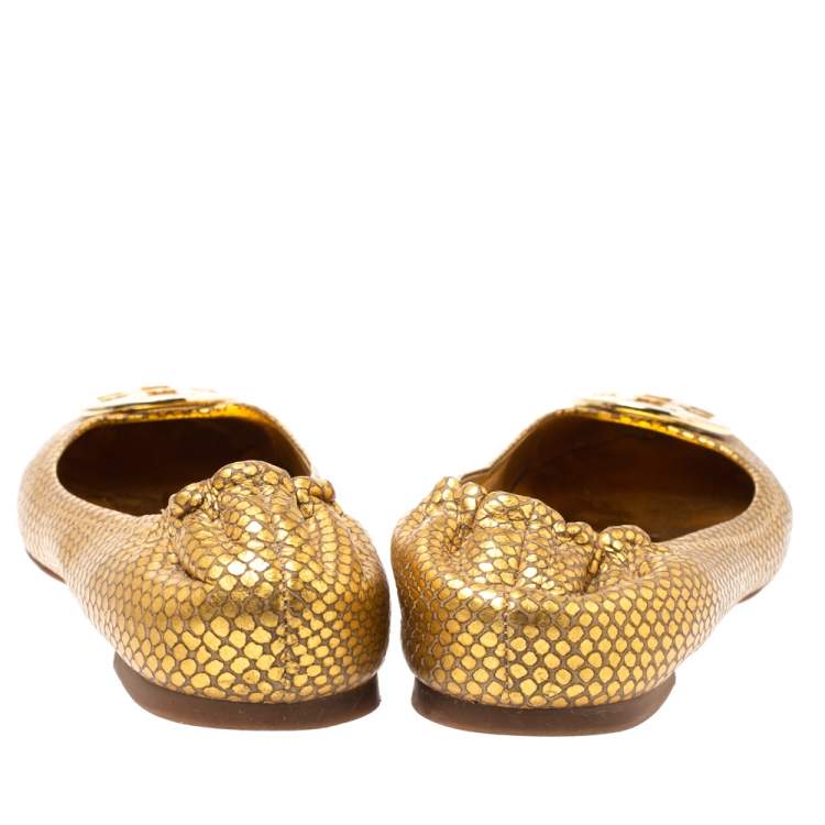 Pre Owned Tory Burch Metallic Gold Snakeskin Effect Leather Minnie Scrunch Ballet Flats Size 40
