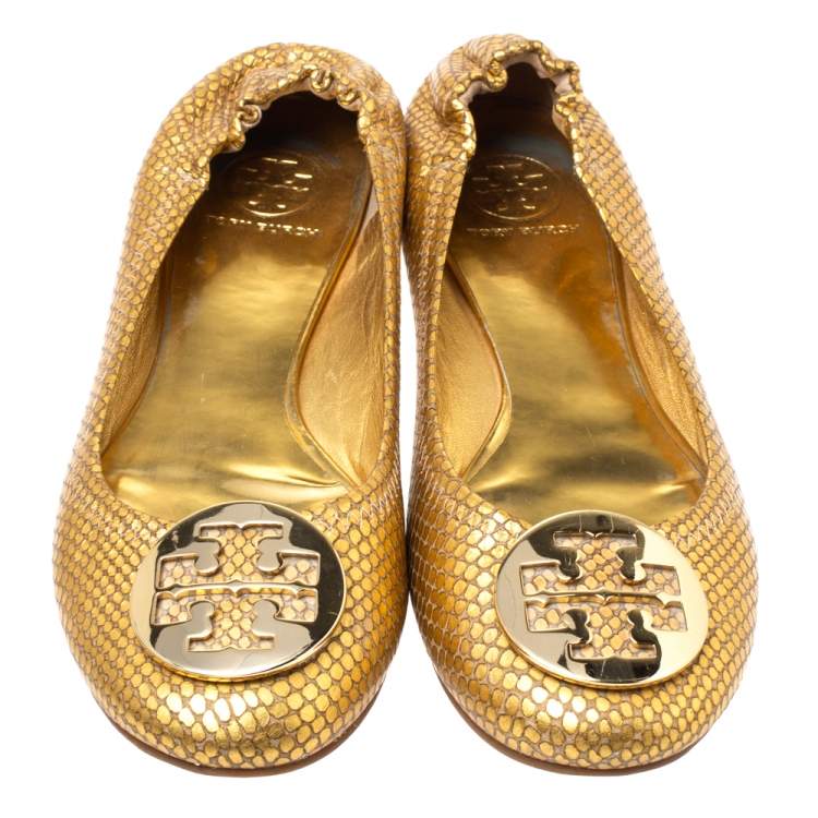 Pre Owned Tory Burch Metallic Gold Snakeskin Effect Leather Minnie Scrunch Ballet Flats Size 40