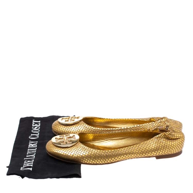 Pre Owned Tory Burch Metallic Gold Snakeskin Effect Leather Minnie Scrunch Ballet Flats Size 40