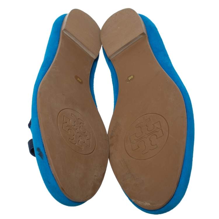Pre Owned Tory Burch Blue Suede Leather Bow Slip On Loafers Size 38