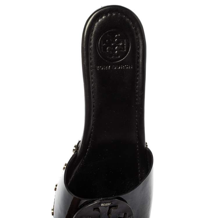 Pre Owned Tory Burch Black Patent Leather Wedge Open Toe Clog Sandals Size 40