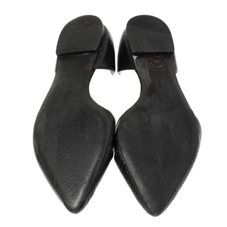 Pre Owned Tory Burch Black Lizard Embossed Leather D'Orsay Flats Size 37