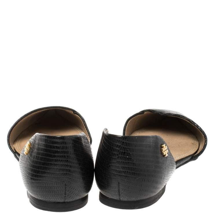 Pre Owned Tory Burch Black Lizard Embossed Leather D'Orsay Flats Size 37