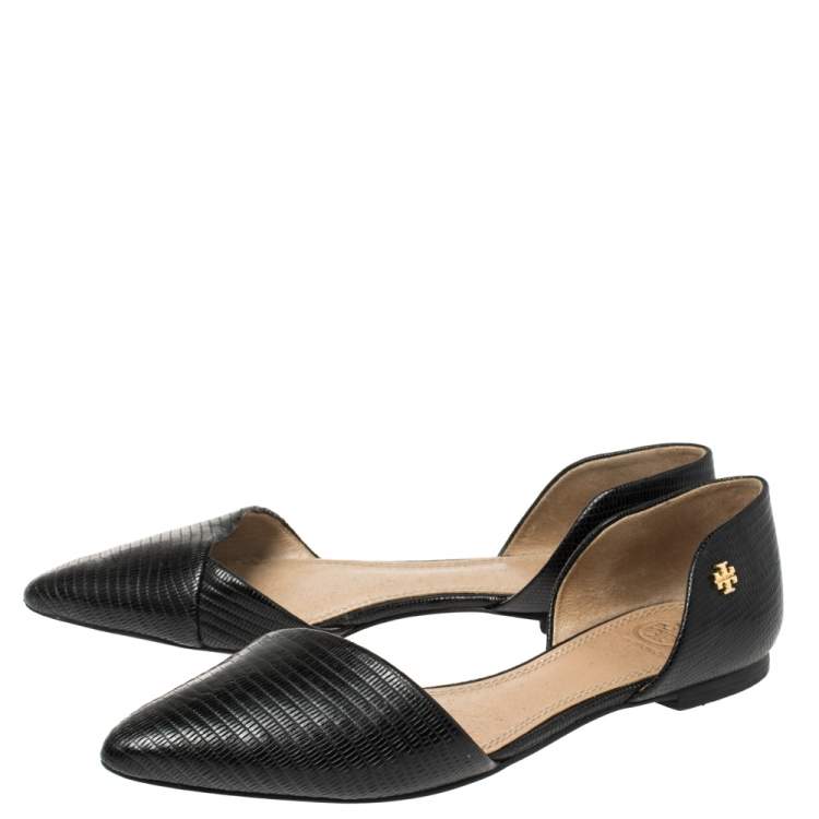 Pre Owned Tory Burch Black Lizard Embossed Leather D'Orsay Flats Size 37