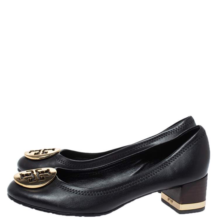 Pre Owned Tory Burch Black Leather Janey Block Heel Pumps Size 36