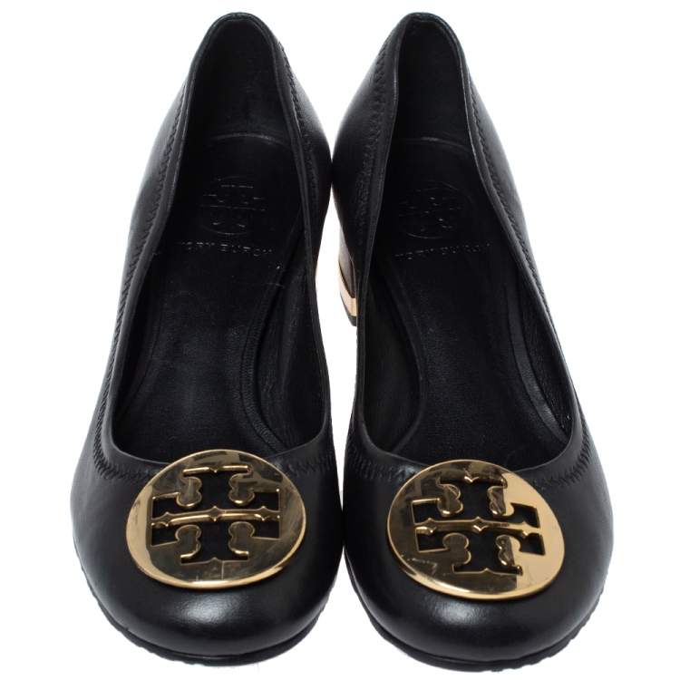 Pre Owned Tory Burch Black Leather Janey Block Heel Pumps Size 36