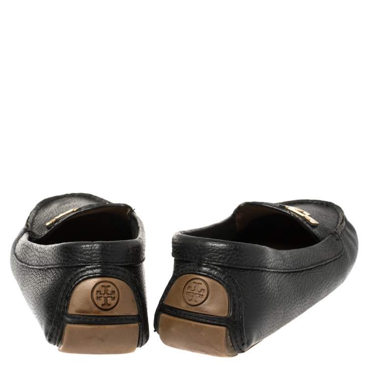 Pre Owned Tory Burch Black Leather Slip on Loafers Size 38