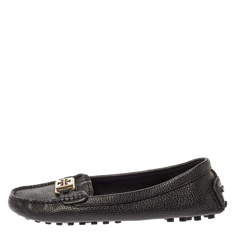 Pre Owned Tory Burch Black Leather Slip On Loafers Size 39