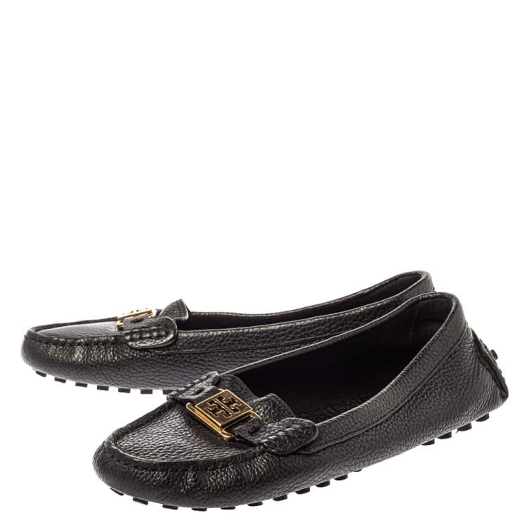 Pre Owned Tory Burch Black Leather Slip On Loafers Size 39