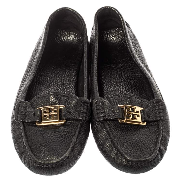Pre Owned Tory Burch Black Leather Slip On Loafers Size 39