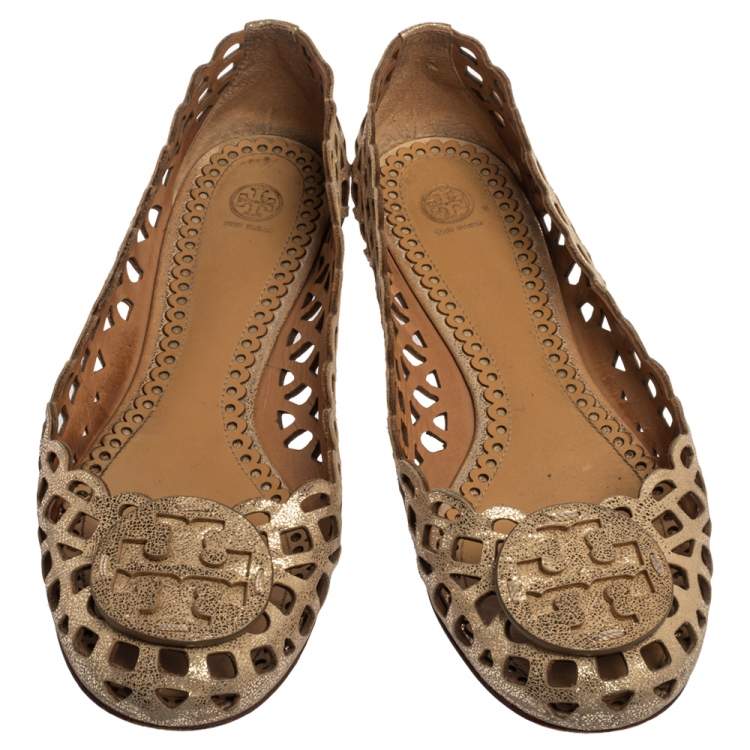 Pre Owned Tory Burch Gold Leather Cutout Ballet Flats Size 37.5