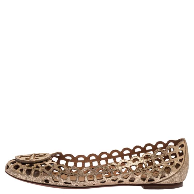 Pre Owned Tory Burch Gold Leather Cutout Ballet Flats Size 37.5
