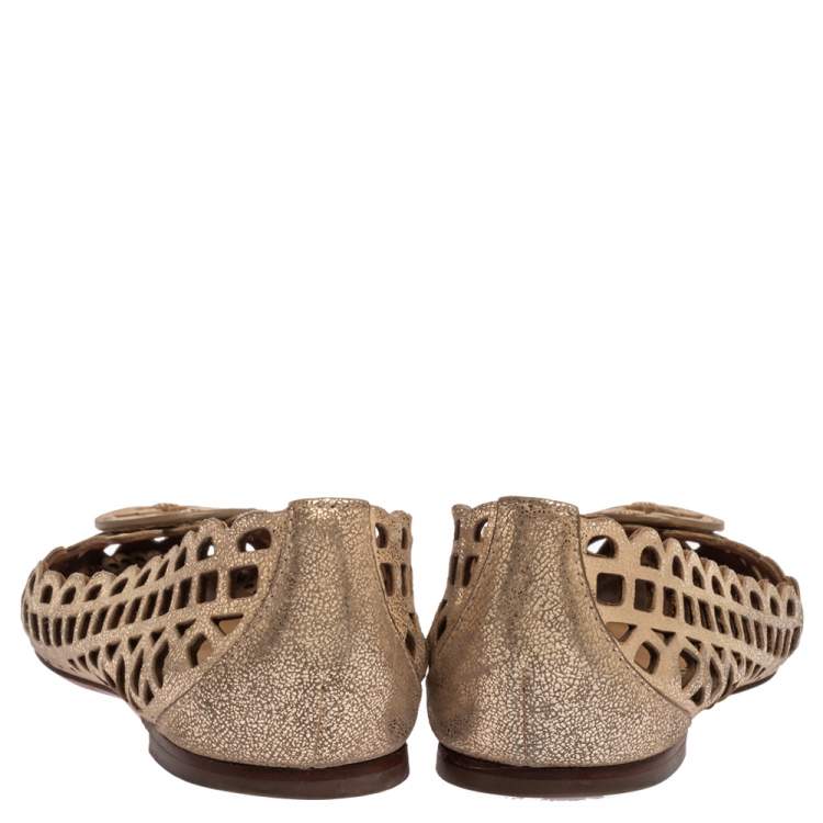 Pre Owned Tory Burch Gold Leather Cutout Ballet Flats Size 37.5