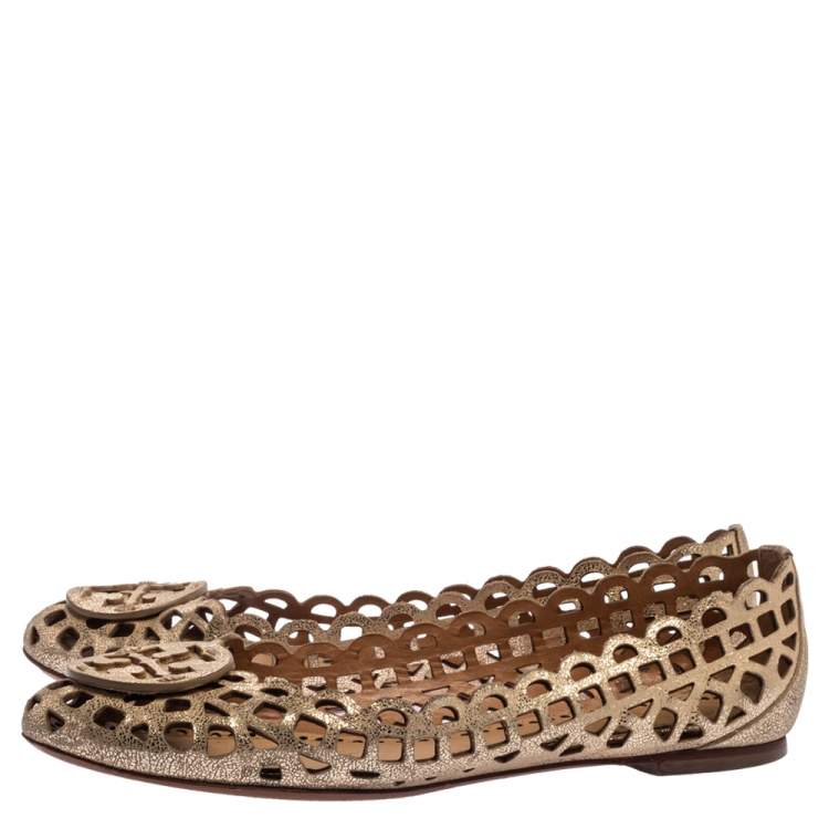 Pre Owned Tory Burch Gold Leather Cutout Ballet Flats Size 37.5