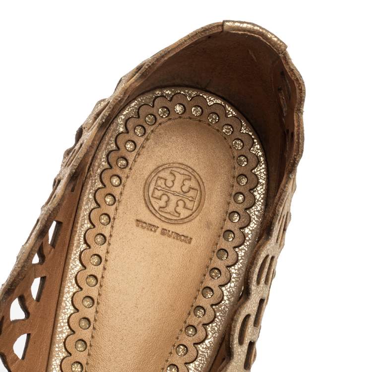 Pre Owned Tory Burch Gold Leather Cutout Ballet Flats Size 37.5