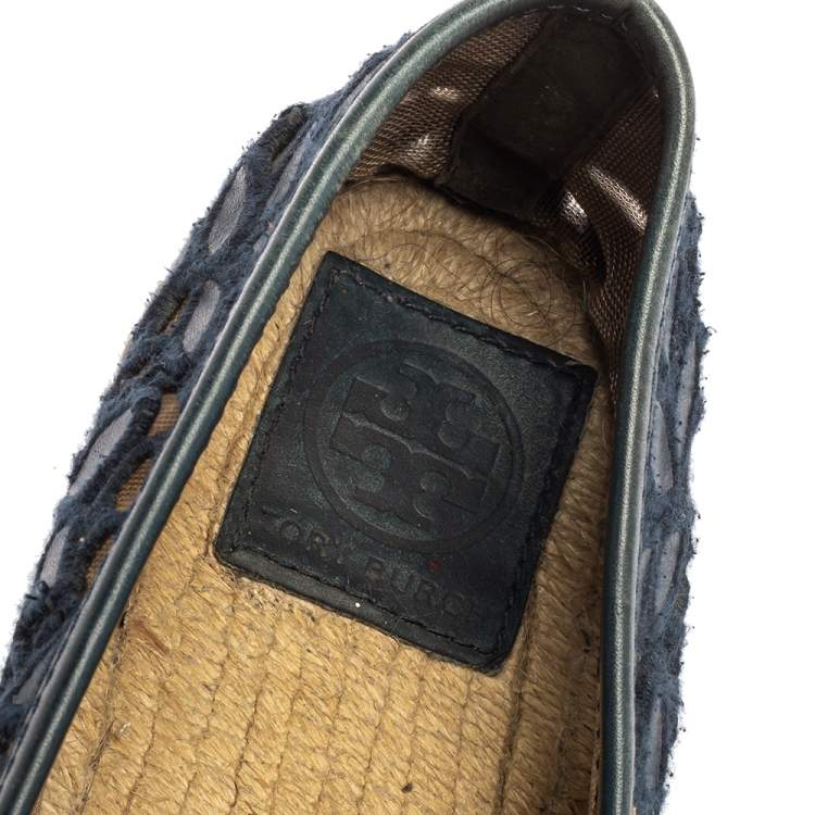 Pre Owned Tory Burch Navy Blue Navy Blue and Mesh Jacki Espadrille Flats Size 41