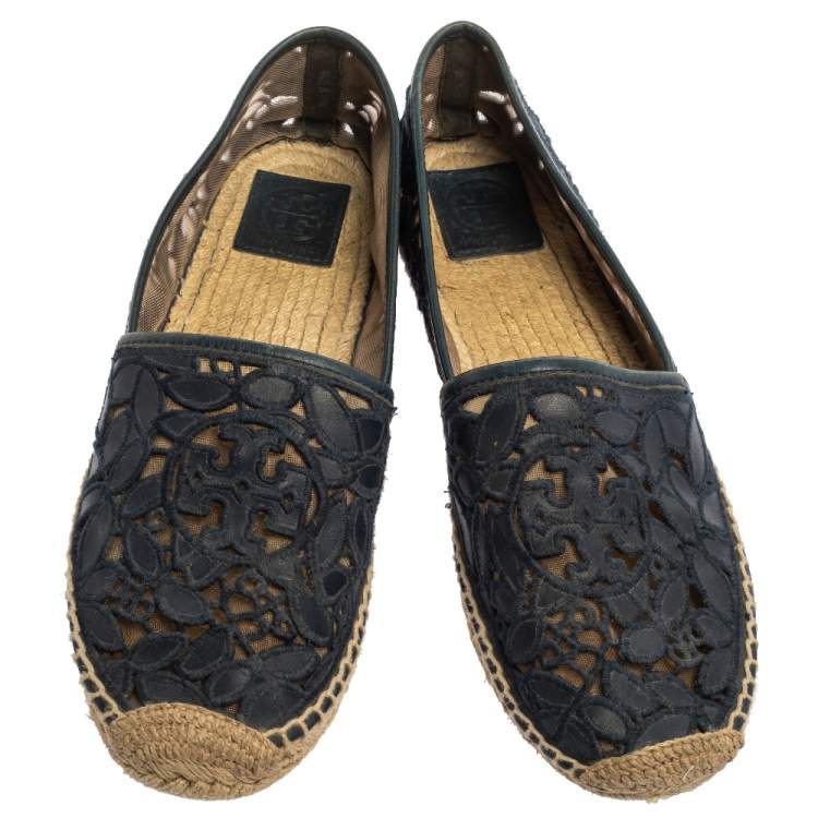 Pre Owned Tory Burch Navy Blue Navy Blue and Mesh Jacki Espadrille Flats Size 41