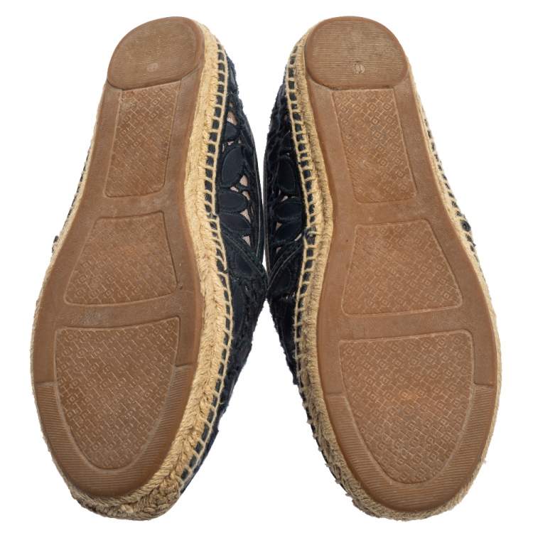 Pre Owned Tory Burch Navy Blue Navy Blue and Mesh Jacki Espadrille Flats Size 41